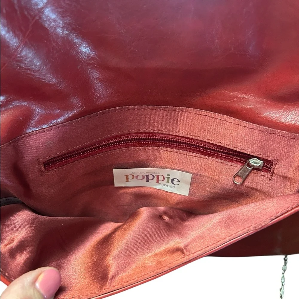Poppie Jones Vintage Red Faux Leather Clutch with Chain Strap EUC - Picture 12 of 13